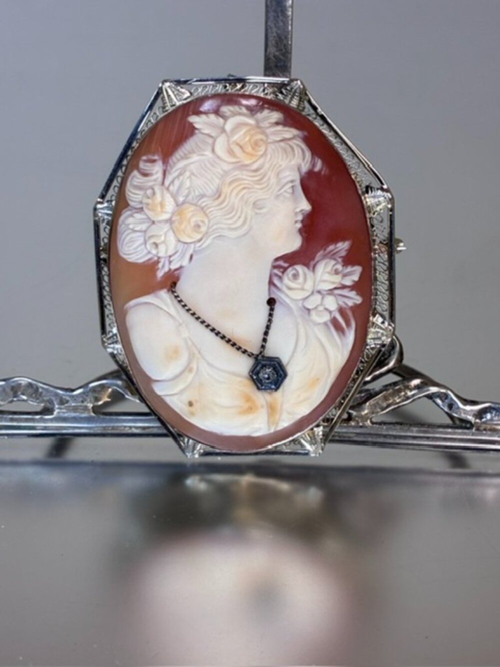 14k White Gold Cameo Habille Large Size Art Deco